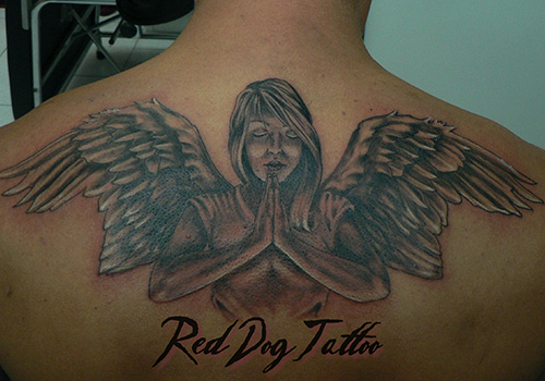 Praying Angel Tattoo On Upperback