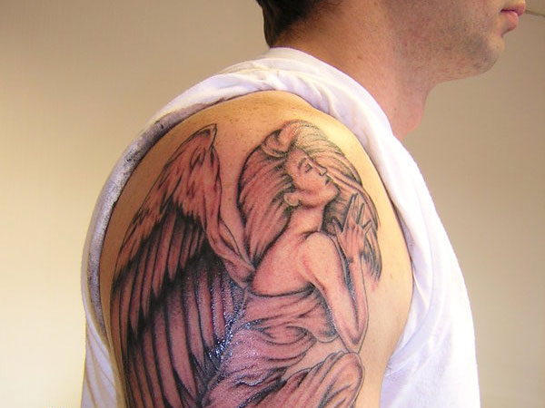 Right Shoulder Praying Angel Tattoo For Men