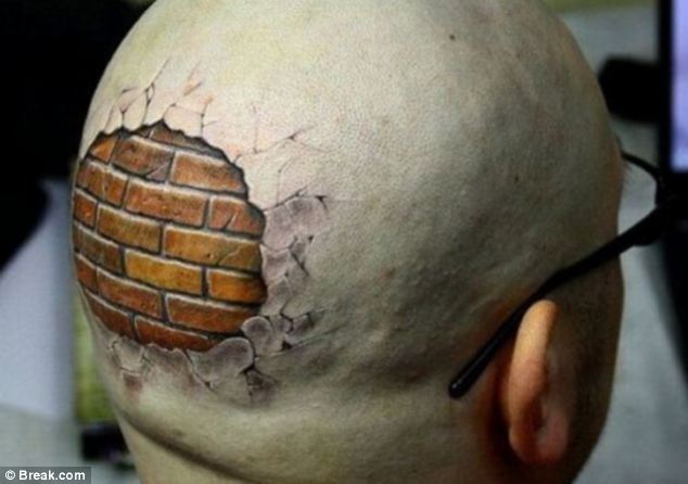 Ripped Skin Bricks Head Tattoo For Men