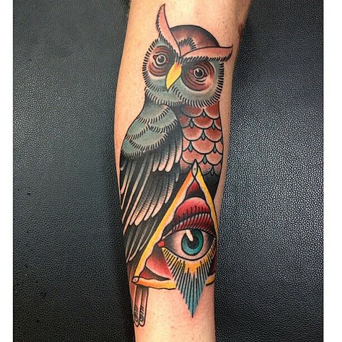Color Owl And Illuminati Eye Tattoo On Sleeve