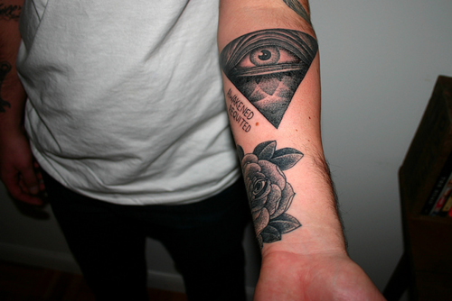 Rose Flower And Illuminati Eye Tattoo On Left Forearm