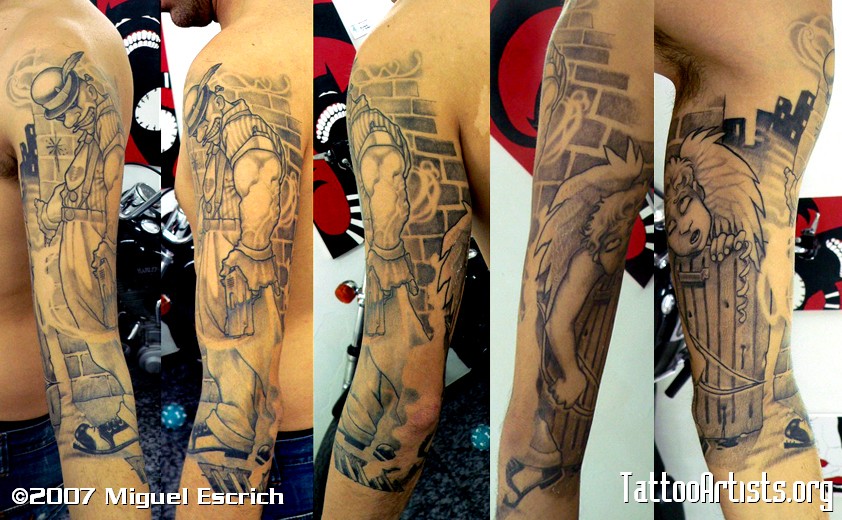 Nice Grey Ink Jester Tattoo On Full Sleeve