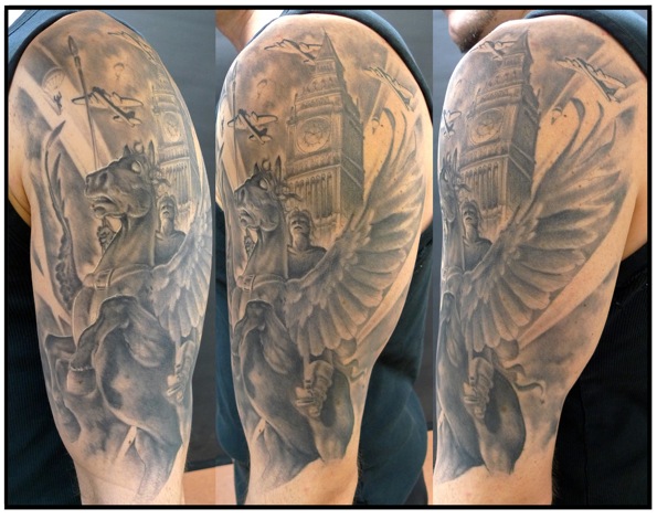 Pegasus Tattoo On Left Half Sleeve