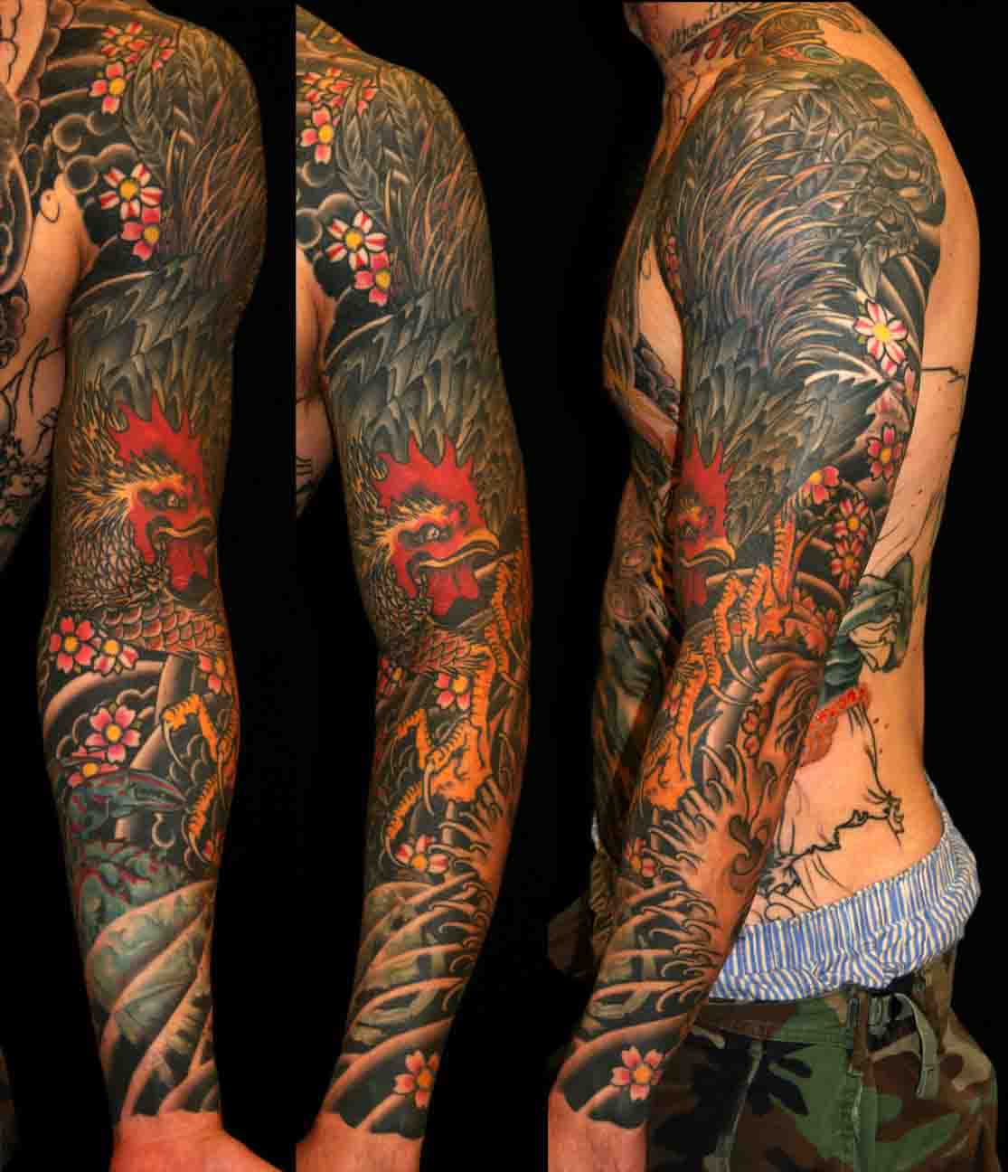 Rooster Tattoo On Man Left Sleeve