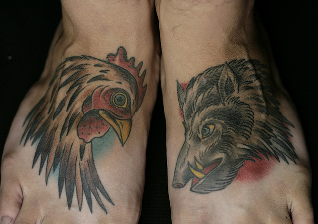 Wild Boar and Rooster Tattoos On Feet