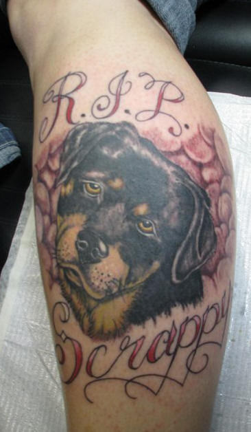 RIP Scrappy Dog Tattoo On Leg