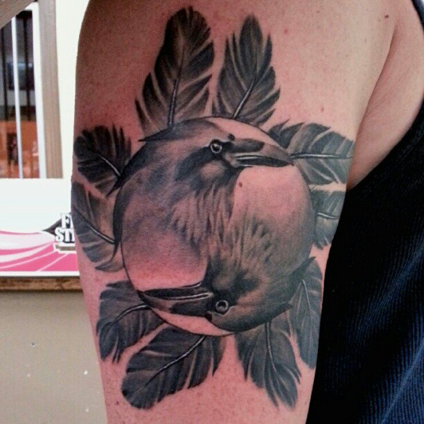 Optical Illusion Birds Heads Dotwork Tattoo On Bicep