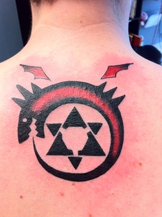 Star and Ouroboros Tattoo On Upperback