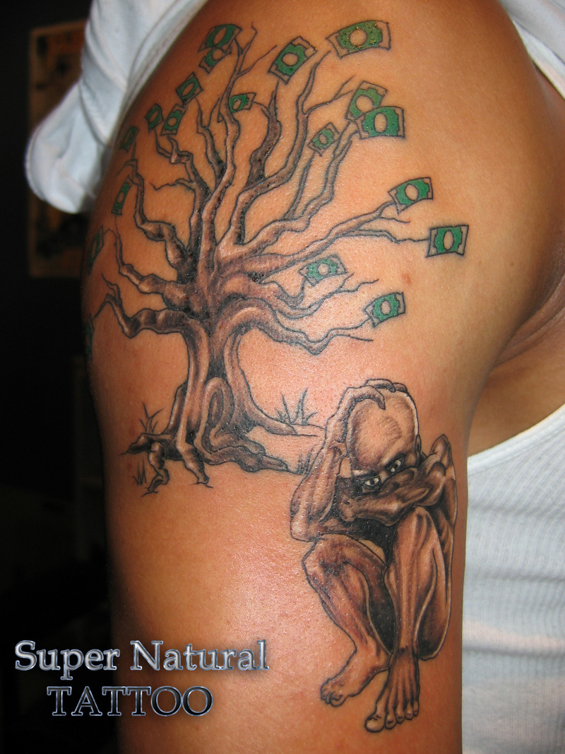 Grey Ink Tree And Goblin Tattoo On Half Sleeve