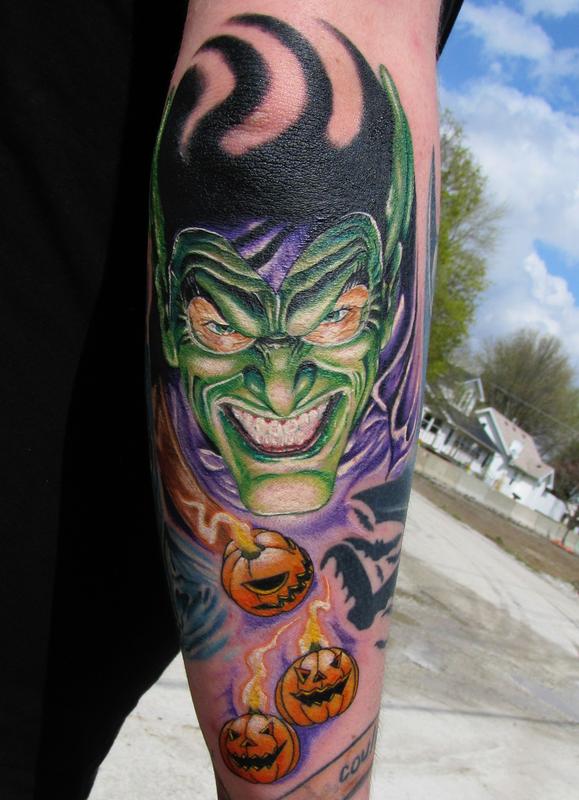 Halloween And Goblin Tattoo On Sleeve