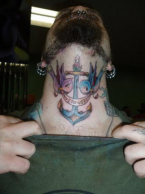 Anchor And Flying Birds And Navy Tattoo On Neck