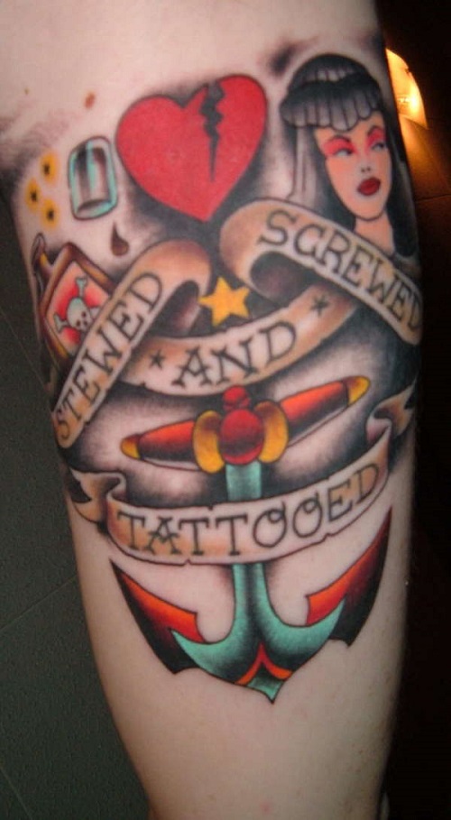 Banners And Anchor Navy Tattoo On sleeve