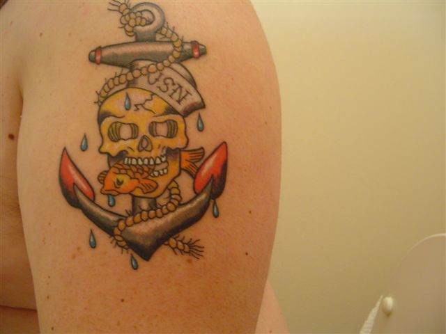 Colored Skull and Anchor Navy Tattoo on Shoulder