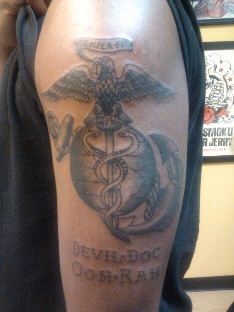 Grey Ink Navy Tattoo On Left Half sleeve