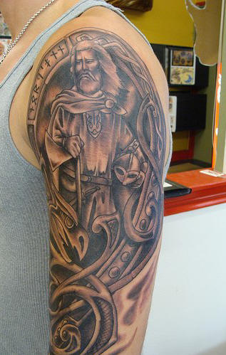 Wonderful Grey ink Viking Tattoo On Man Left Half Sleeve