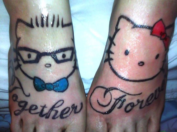 Outline Kitty Tattoos On Both Feet