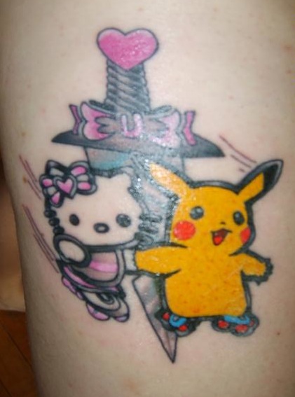 Pokemon And Kitty Tattoo On Side Rib