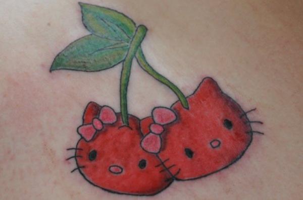 Red Ink Cherry Kitty Head Tattoos