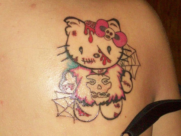 Spider Web Kitty Tattoo On Right Back Shoulder