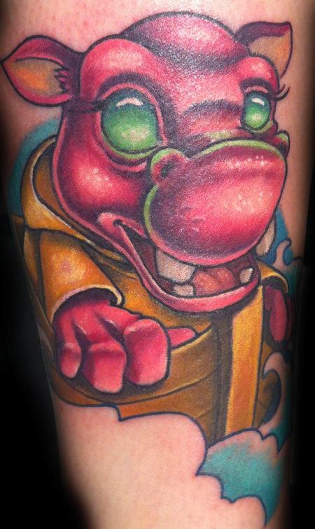 Red Ink Hippo Tattoo On Sleeve