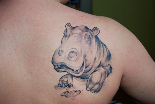 Right Back Shoulder Grey Ink Hippo Tattoo