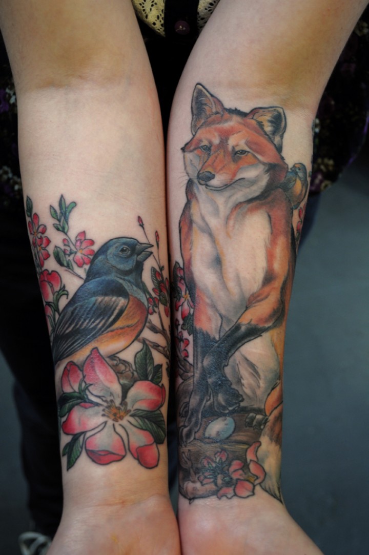 Flower And Fox Tattoos On Both Forearm