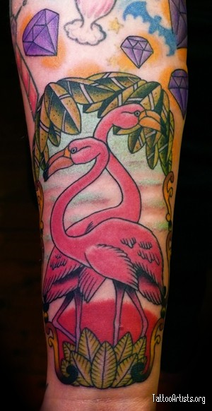 Purple Diamonds And Flamingo Tattoo On Sleeve