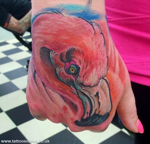 Red Ink Flamingo Head Tattoo On Back Hand