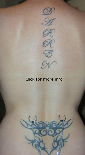 Tribal And Lettering Spine Tattoo