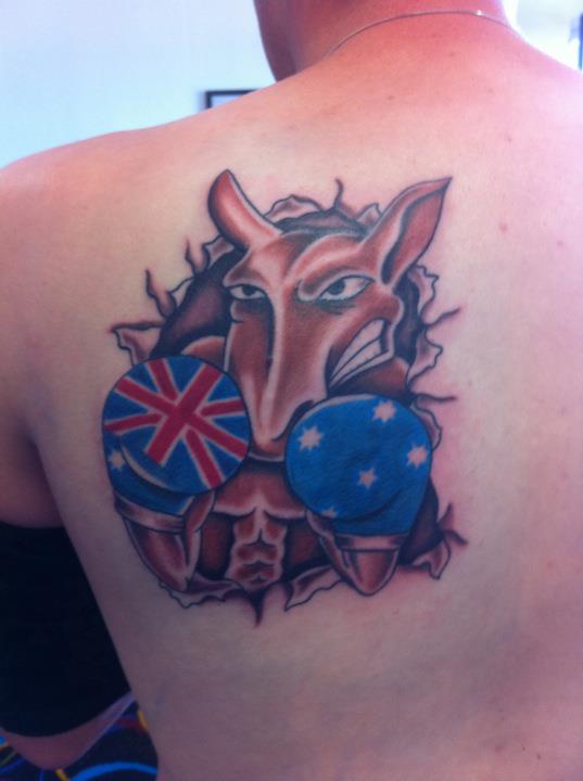 UK Flag and Kangaroo Tattoo On Back Shoulder