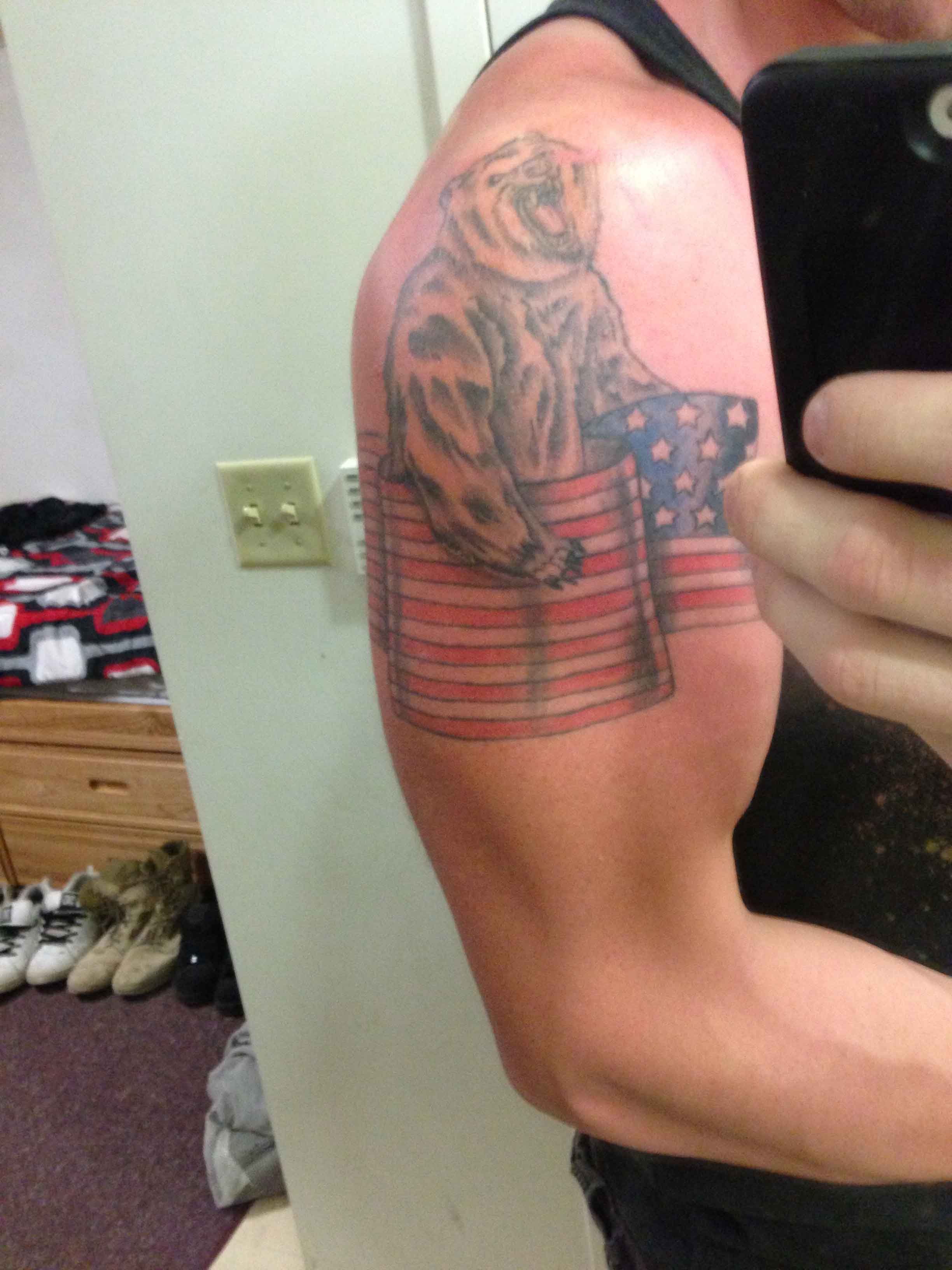 Us Flag And Kangaroo Tattoo On Right Half Sleeve