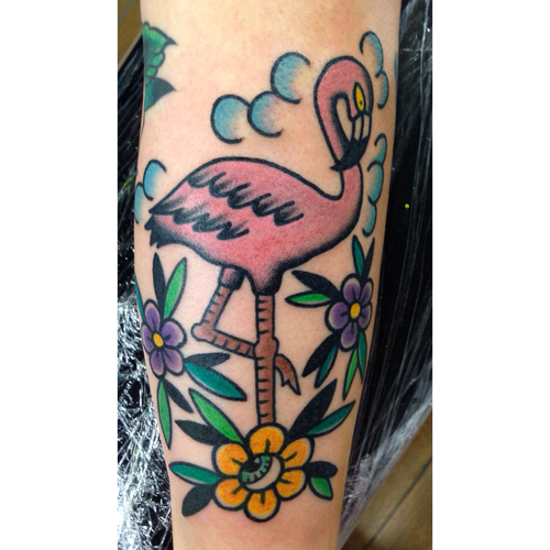 Yellow Flower and Flamingo Tattoo On Sleeve