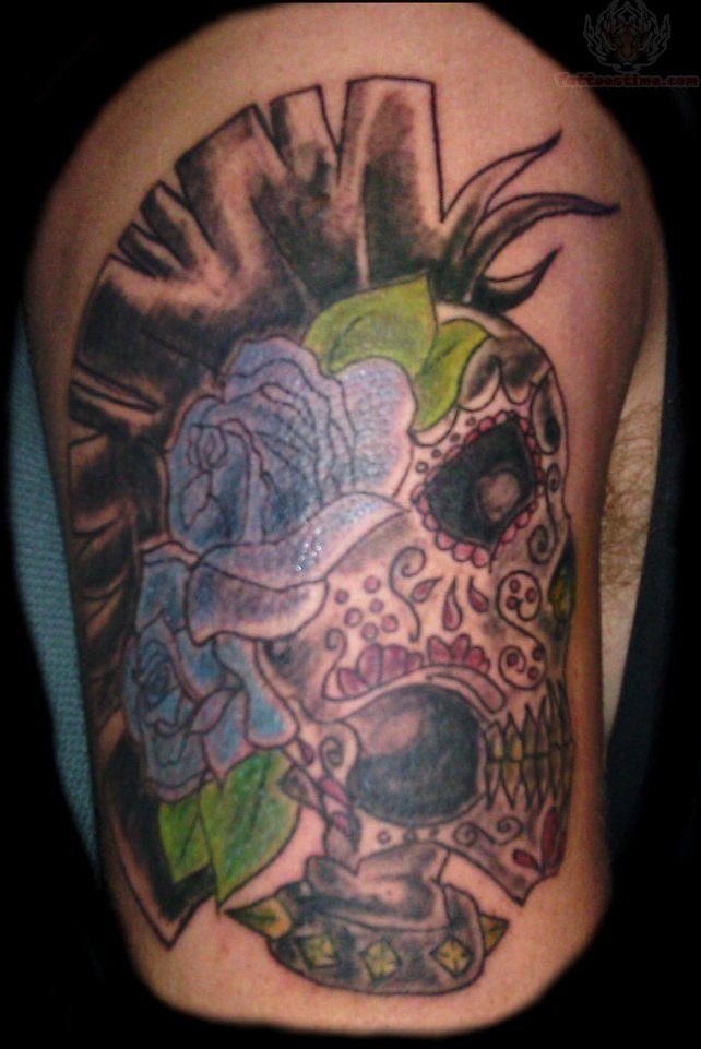 Blue Rose Flowers Punk Tattoo On Side Rib