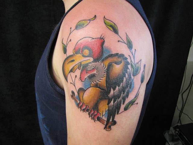 Color Ink Vulture Tattoo On Left Shoulder