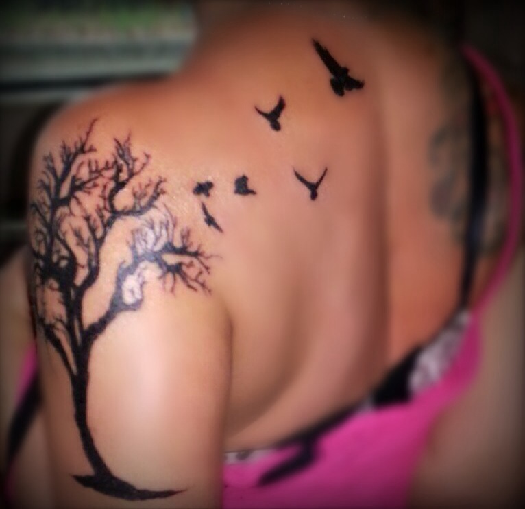 Flying Ravens And Tree Tattoo For Girls