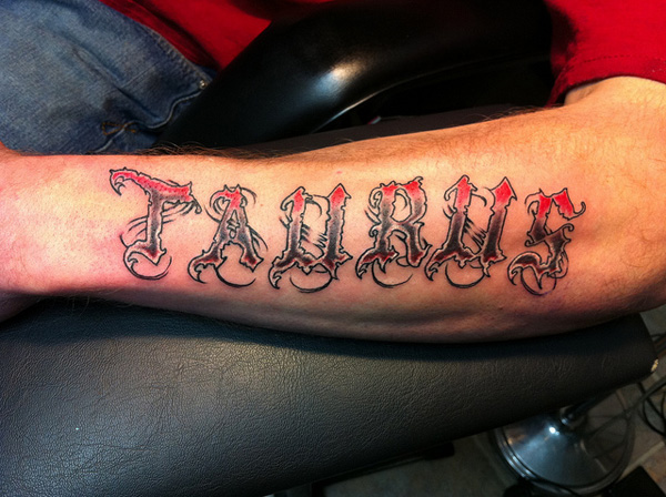 Grey and Red Taurus Tattoo On Left Sleeve