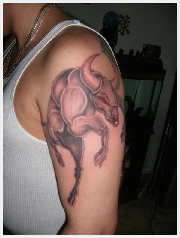 Grey Ink Taurus Tattoo On Man Left Half Sleeve