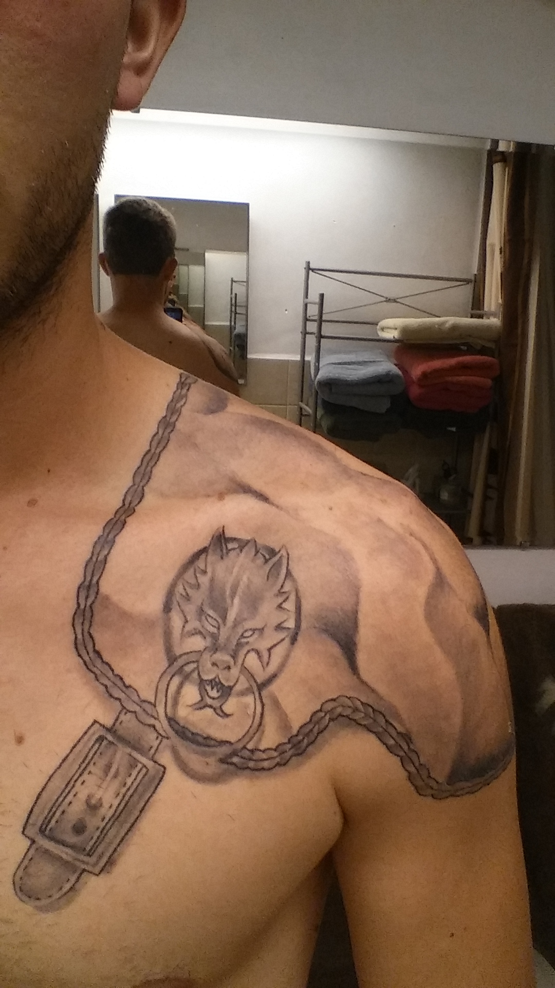 Left Shoulder Grey Ink Armor Tattoo
