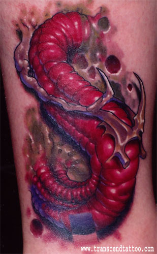 Red Ink Rotten Worm Tattoo