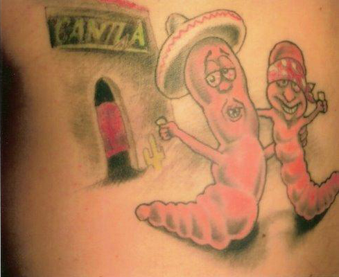 Red Ink Worm Tattoos On Side Rib
