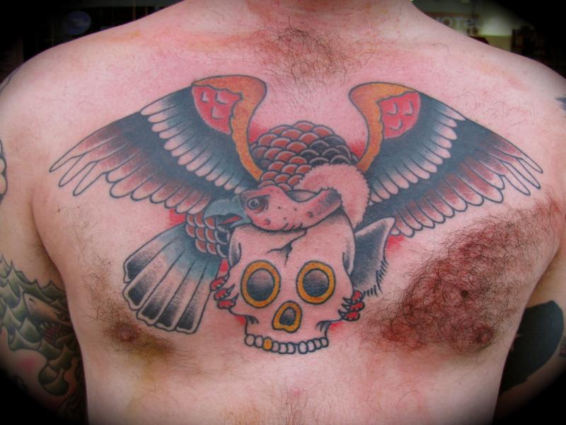 Skull And Vulture Tattoo On Man Chest