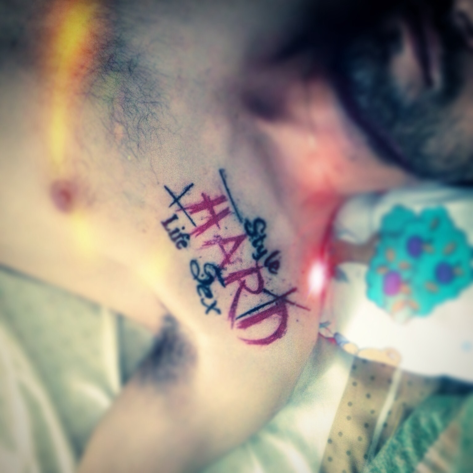 Style Hard Life Sex Tattoo On Left Collarbone