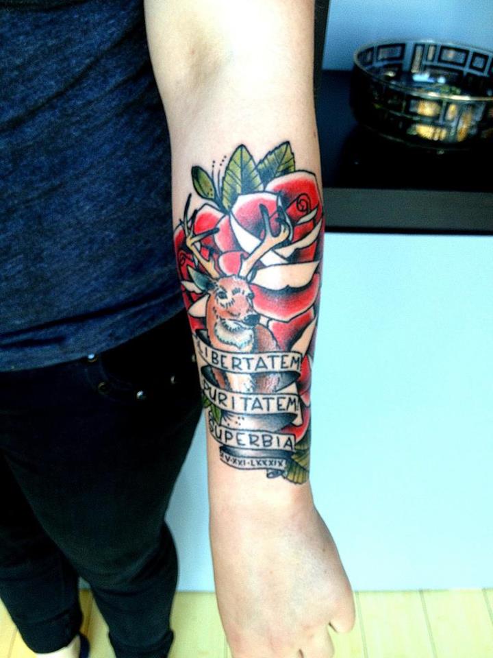 Red Rose And Albatross Tattoo On Left Arm