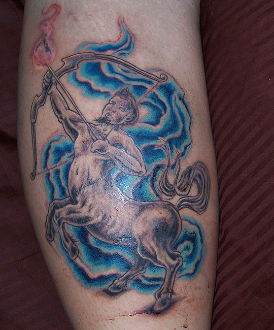 Saggitarus Archer Tattoo On Back Leg
