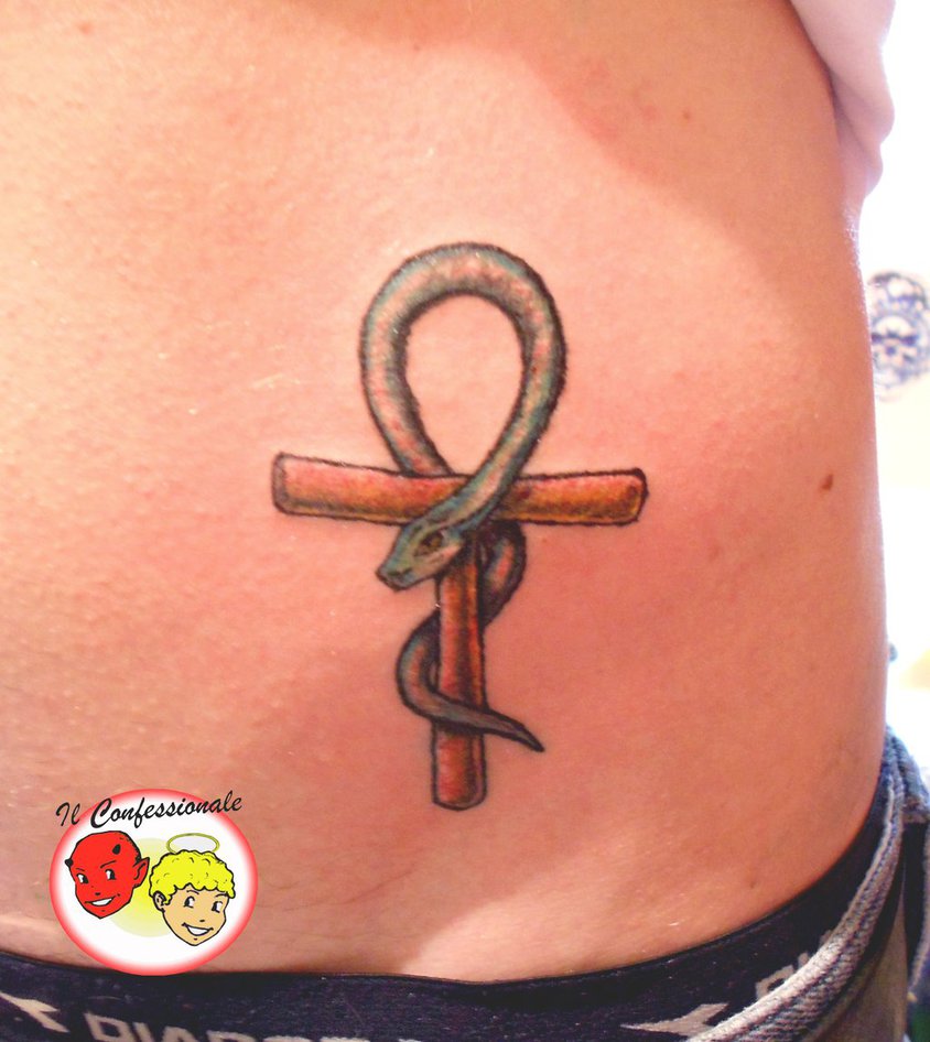 Snake And Ankh Tattoo On Left Hip