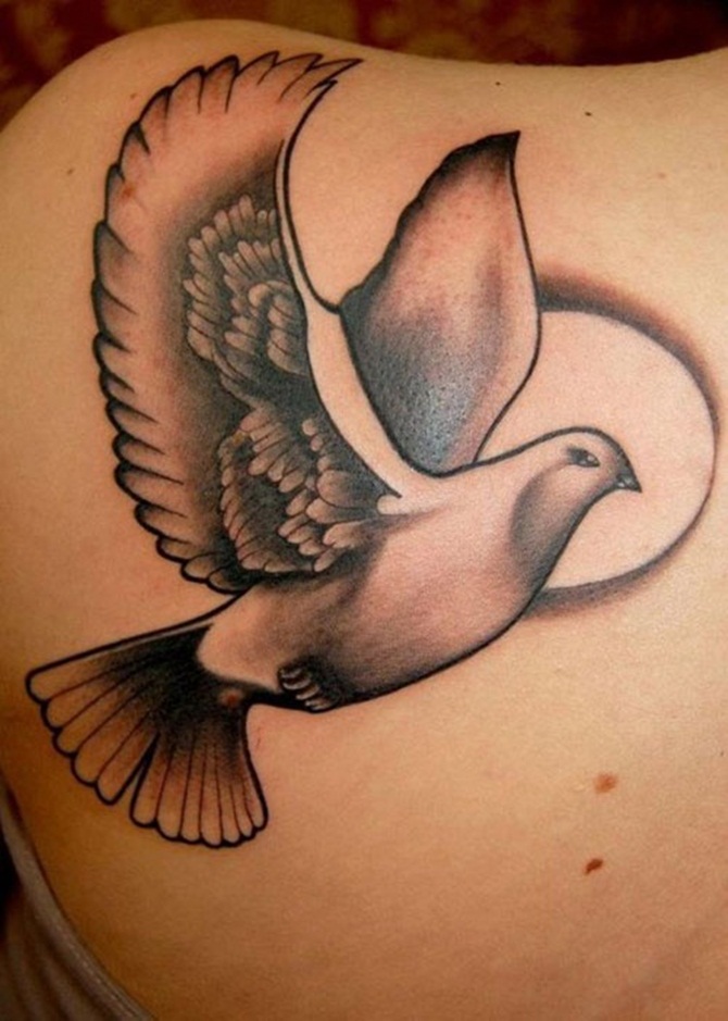 Grey Ink Open Wings Dove Tattoo