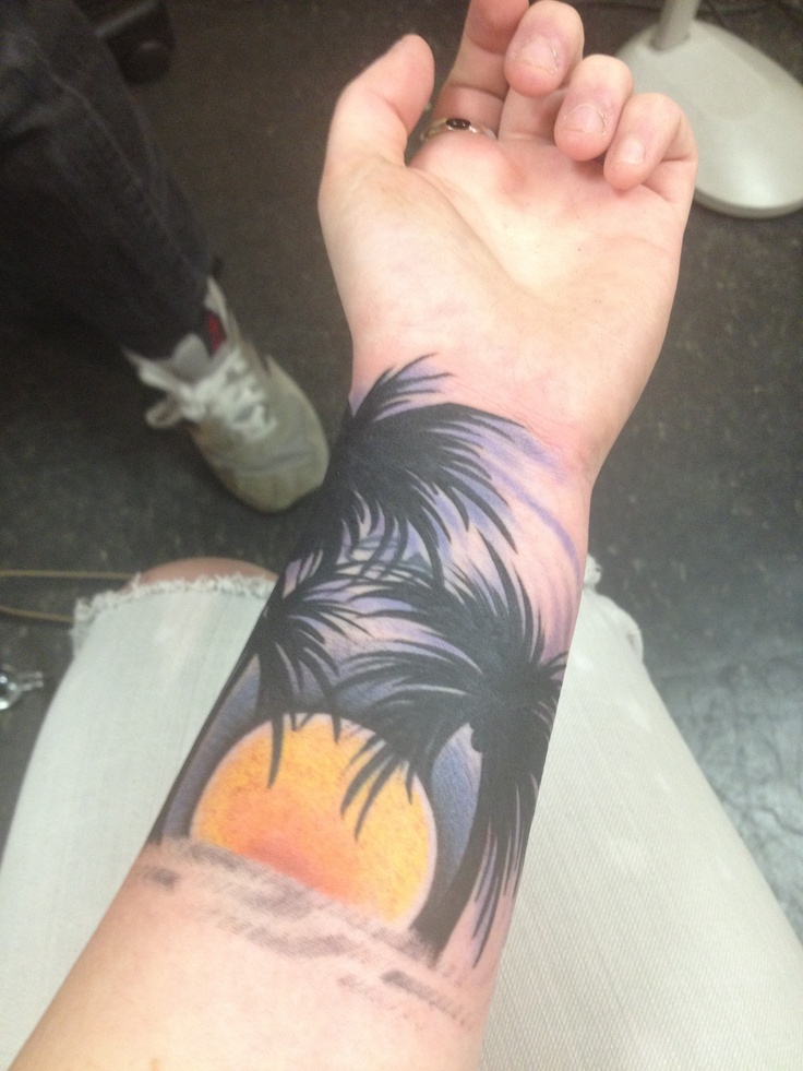 Palm Trees Beach Tattoo On Left Forearm