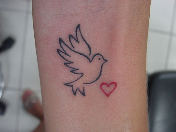 Tiny Red Heart and Dove Tattoo On Forearm