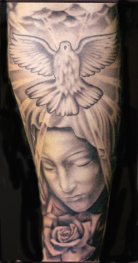 Religious Dove And And Virgin Mary Christian Tattoo