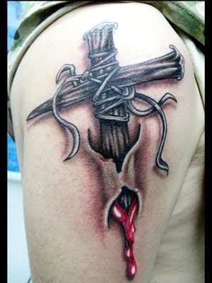 Ripped Skin Christian Tattoo On Right Half Sleeve